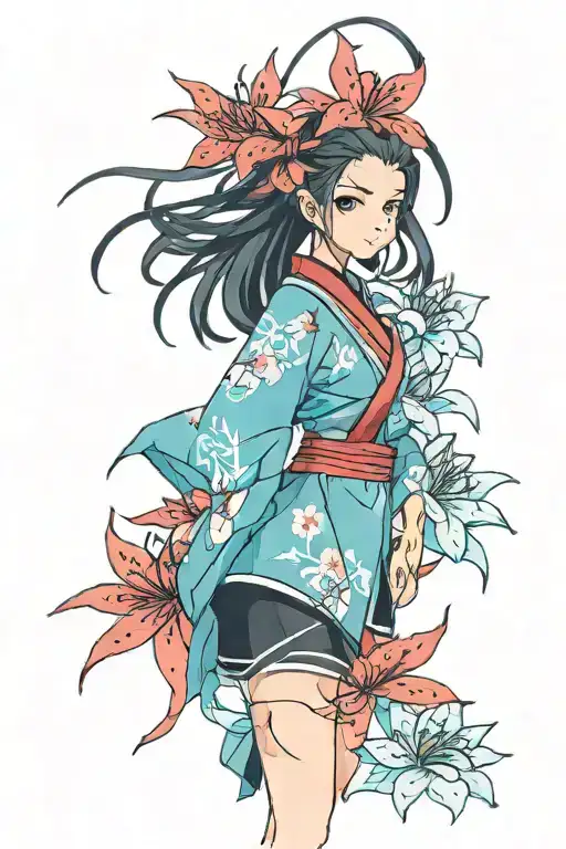 Nezuko Kamada Half Demon In Red And Blue Spider Lilies