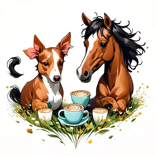 A Playful Dog And Horse Playing Together In A Field Of Chai Latte Cups