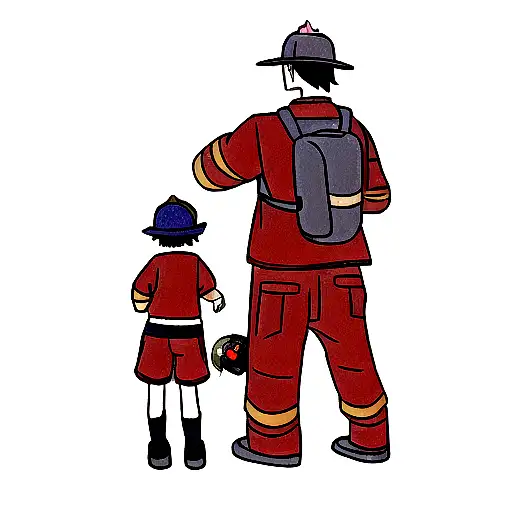 Firefighter From Back With His Two Kids