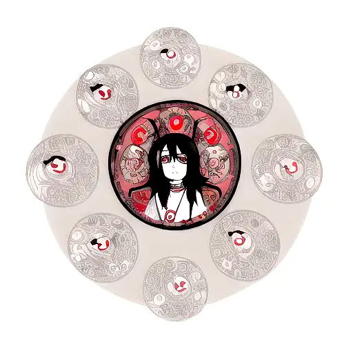 A Tattoo Of Itachi And Sasuke's Mangekyou Sharingan Eyes Surrounded By Intricate Blackwork Patterns