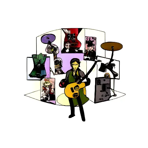 A Technician Holding A Guitar While Surrounded By Video Game Characters And Anime Symbols