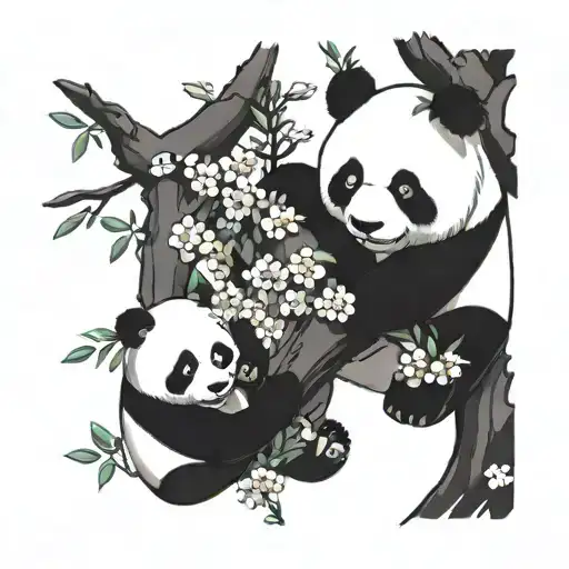 Cherry Blossem Tree And 4 Baby Pandas Playing Under It