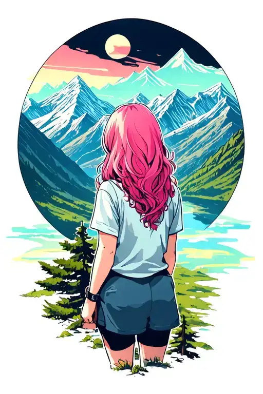 Girl With Pink Hair Stands With Her Back Looks At The Mountains