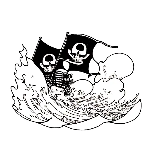 A Blackwork Tattoo Of The One Piece Pirate Flag With Waves Crashing In The Background