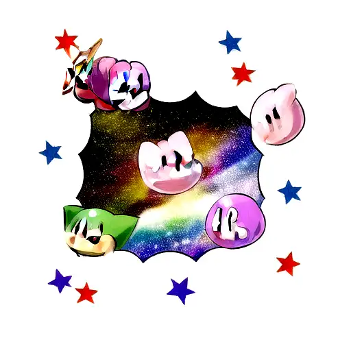 A Scene From A Video Game Where Kirby Is Flying On A Star Through A Galaxy