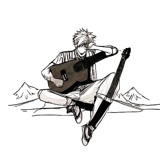 A Sketch-style Tattoo Of Machine Gun Kelly Sitting On A Mountain Peak Strumming A Guitar