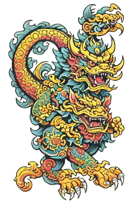 Japenese Style Tattoo Of A Colorful Powerful Foo Dog Rising Victorious Over His Enemy