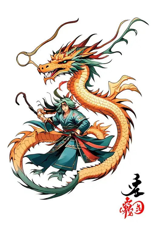 Japanese Fabula Dragon And Samurai Warrior