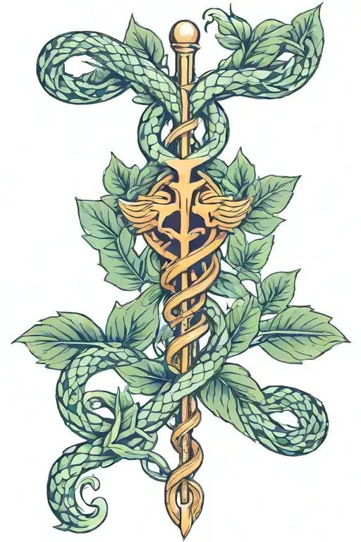 Caduceus Symbol With Subtle Details Of Snake With Leaves