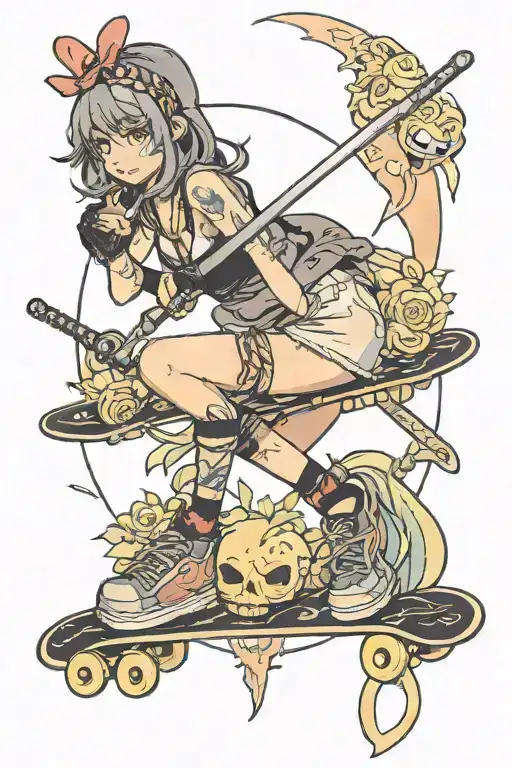 Girl In Stockings On A Skateboard Holding A Katana