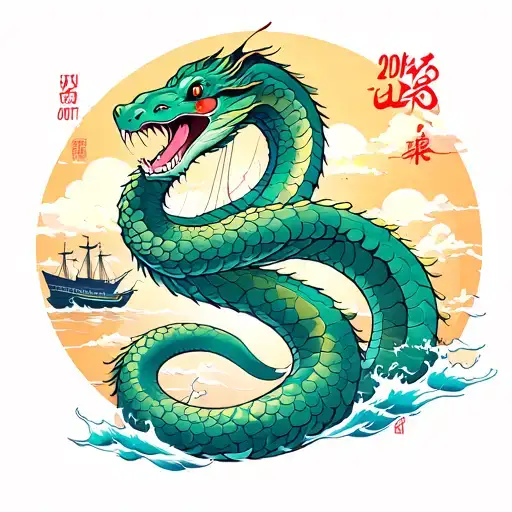 Year 2001 And Year Of The Snake And Ship Sailing Towards