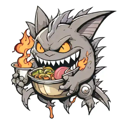 A Tattoo Of A Gengar Pokemon Cooking Up A Storm In The Kitchen In A Black-grey Style