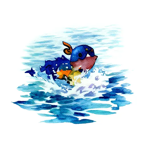 A Realistic Tattoo Of Mudkip Swimming In A Watercolor Ocean