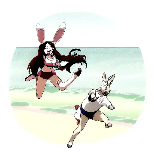 An Anime-inspired Tattoo Of A Bunny And A Dog Frolicking On The Beach