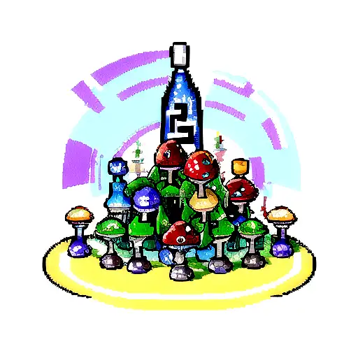 Color Tattoo With Magic Bottles And 8 Bit Mushrooms And Real Mushrooms