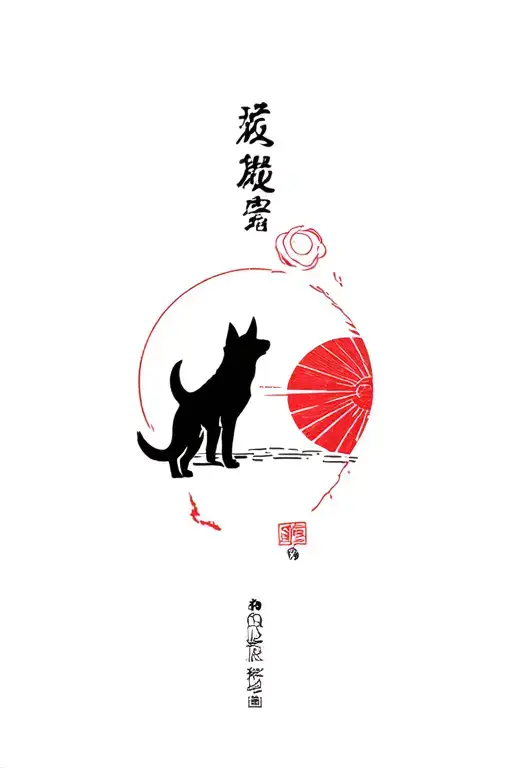 A Minimalist Tattoo Of A Red Japanese Rising Sun With A Silhouette Of A Canine Howling