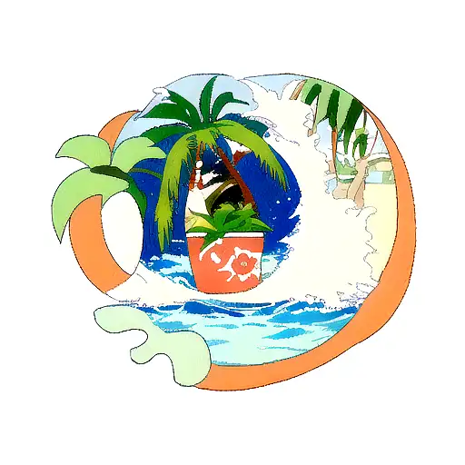 A Coffee Cup Surrounded By Tropical Plants And A Wave In The Background