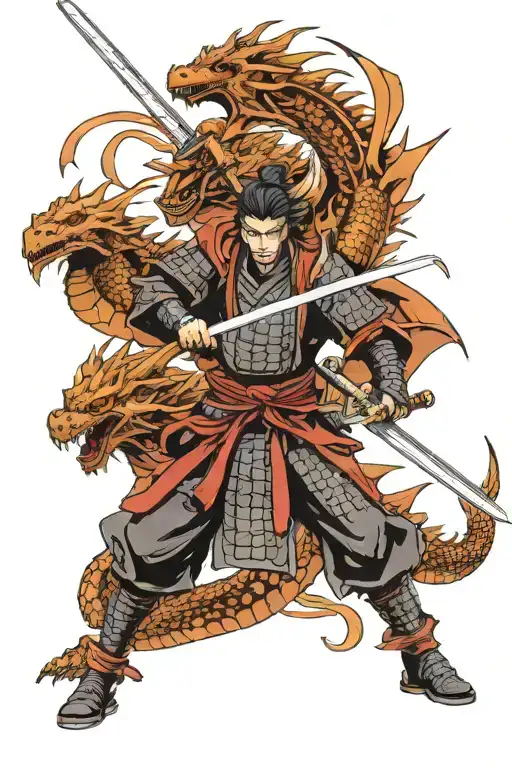 Samurai In Armor Fights Dragon With Katana
