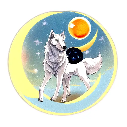 Wolf Whole Body With Sun And Moon And Stars