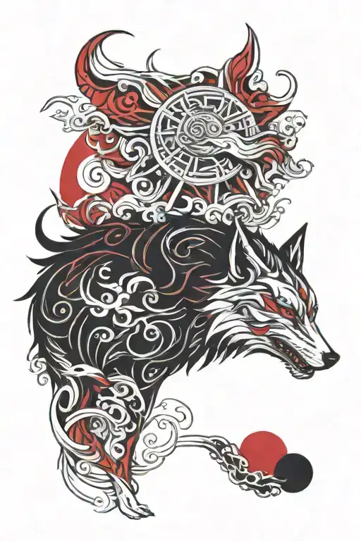 Super Intricate Surreal Japanese Amaterasu Wolf And Tsukoyomi God In Deep Black Red Colors