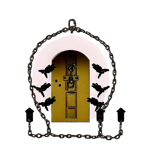 Door With Demon Eyes Surrounded By Chains And Birds Flying Chains