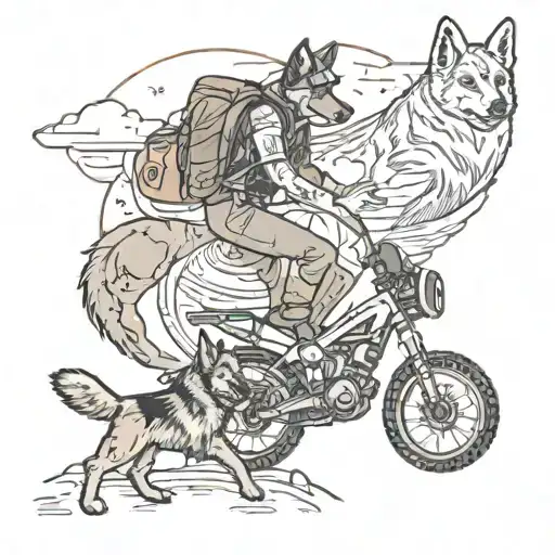 Mountain Biker Riding With An Acoustic Guitar And A German Shepherd Following Him