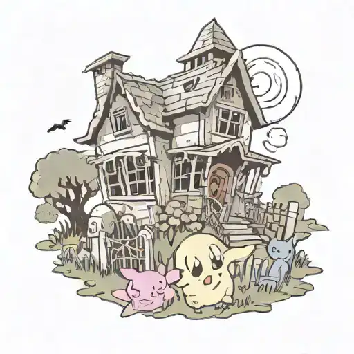 A Haunted House In A Graveyard With The Ghost Pokemon