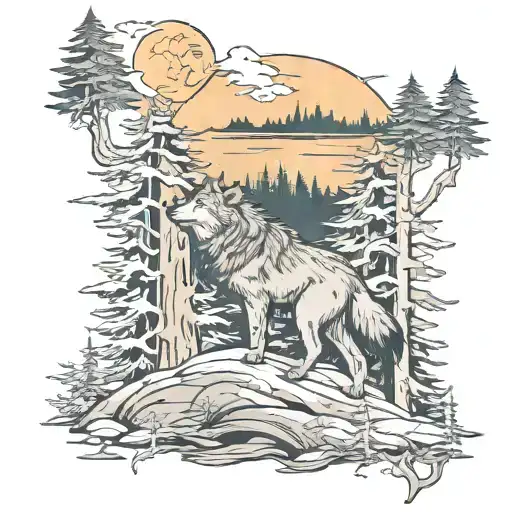 Forest With Wolf Howling Wolf Under A Crescent