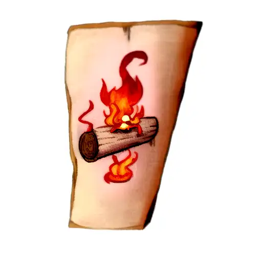 A Cartoon Fire Clinging To A Wooden Log