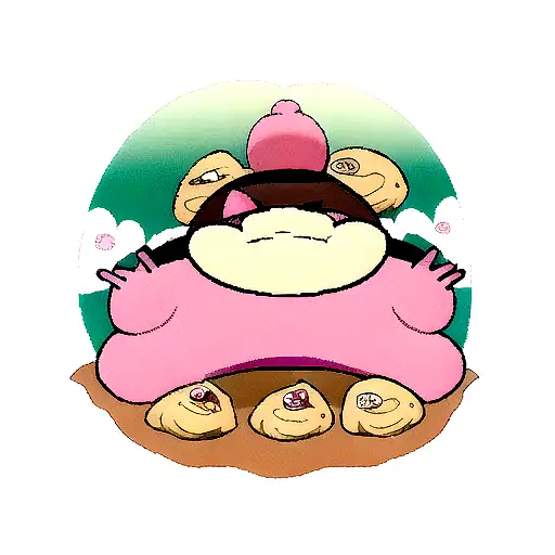 A Pink Cartoon Snorlax Sitting On A Mountain Of Conchas Eating A Pink Concha