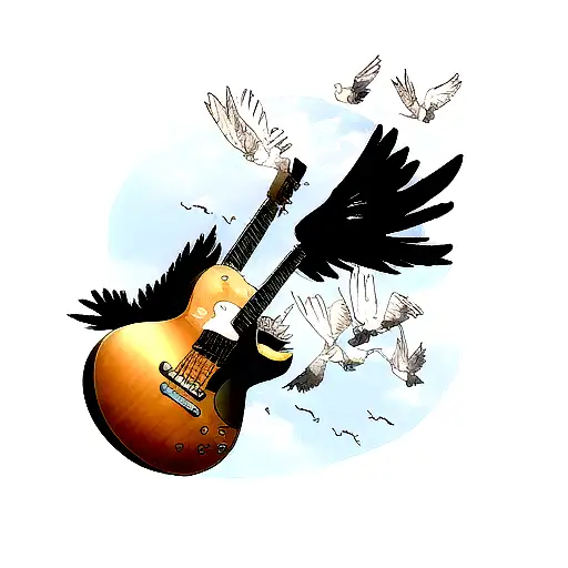A New-school Design Of A Guitar Transforming Into A Flock Of Birds
