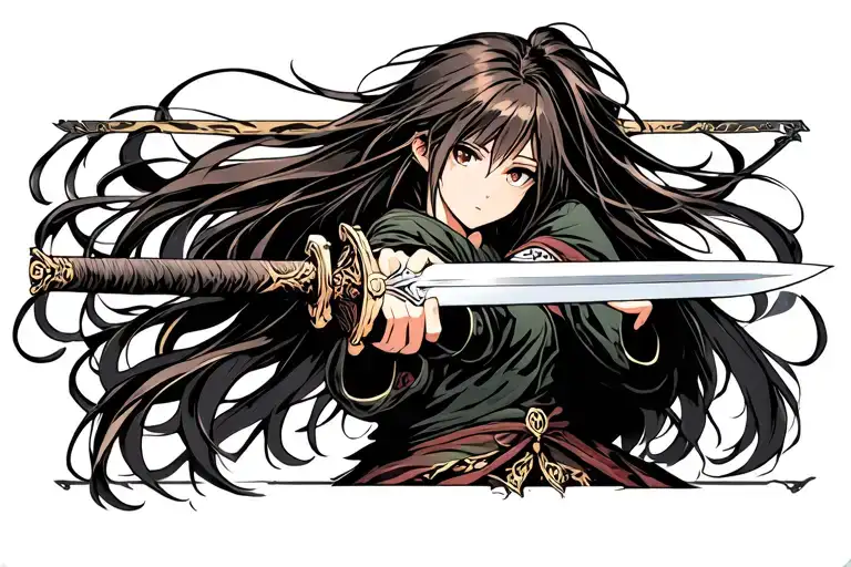 Girl With Long Hair Holding A Sword