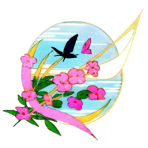 Pink And Blue Butterfly Flying Past A Bright Crescent Moon