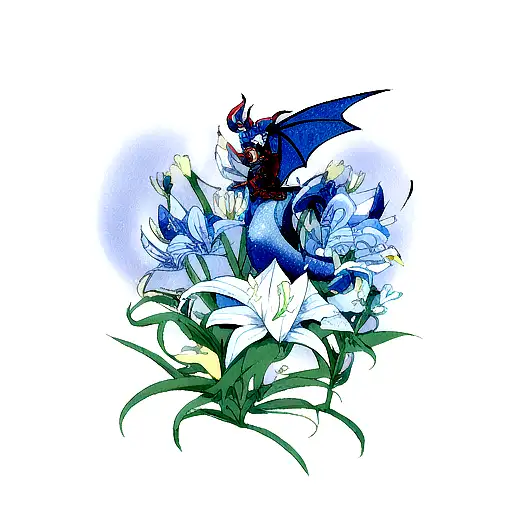A Japanese Style Dragon Suronded By Three Blue Spider Lillies