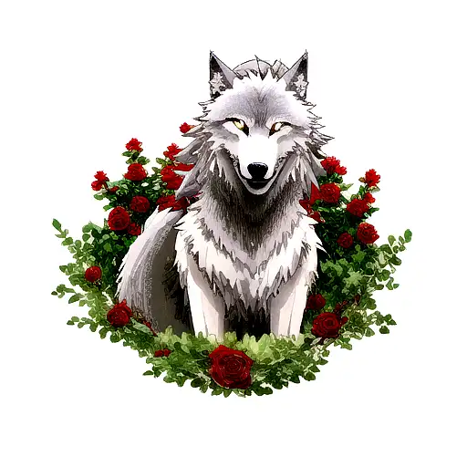 Wolf With Roses And Shrubs