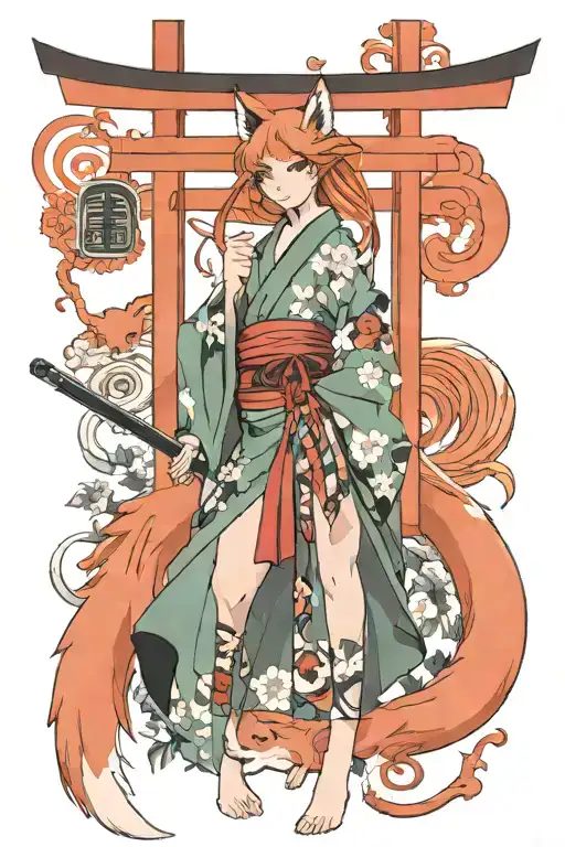 9 Tailed Fox Over A Torii And A Sensual Kitsune Girl Full Body With A Katana