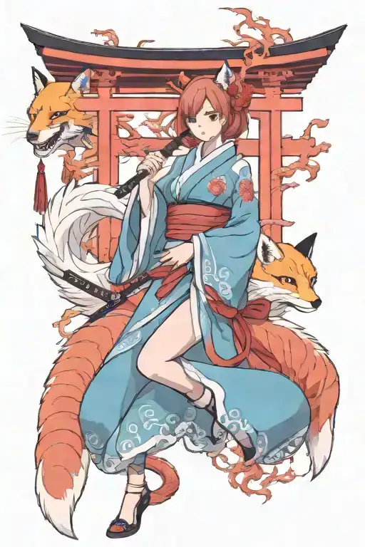 9 Tailed Fox Over A Torii And A Sensual Kitsune Girl Full Body With A Katana