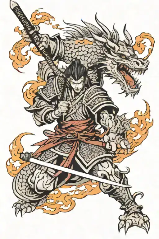 Samurai Slaying A Dragon With Flames