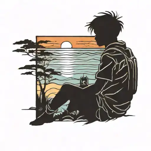 A Silhouette Of A Traveler Watching A Sunset Over The Ocean