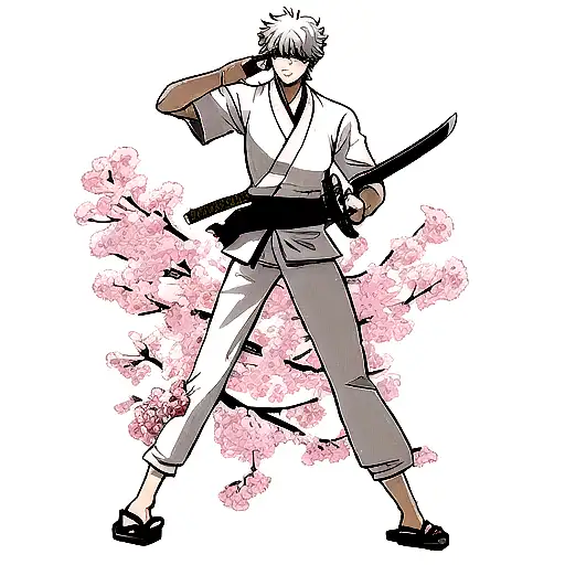 Sakata Gintoki With His Sword And Little Cherry Blossom