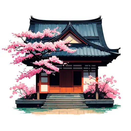 Japanese House With Cherry Blossom Tree