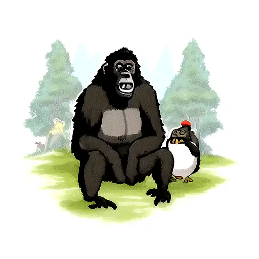 Happy Gorilla In Forest With Birds