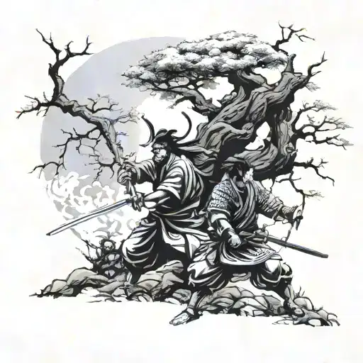 Two Samurai Under The Old Tree Fighting Demons