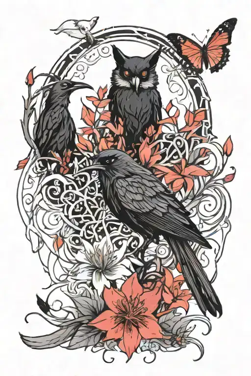 Red Spider Lily And Crow And Moon And Butterfly And Fox