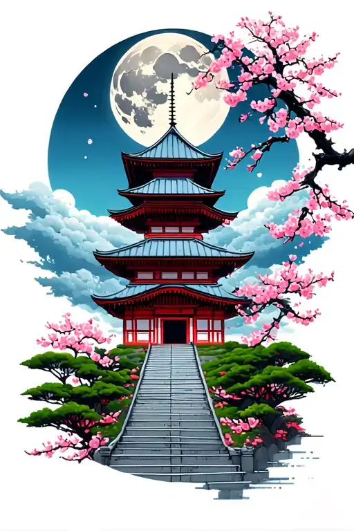Japanese Temple With Japanese Cherry And Moon