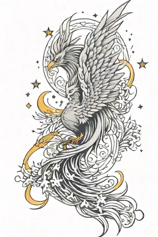 Pheonix With Rising Sun Moon Stars