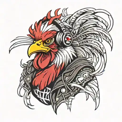 Gamer Rooster Wearing Headphones With A Metallica T-shirt And A Black Leather Jacket