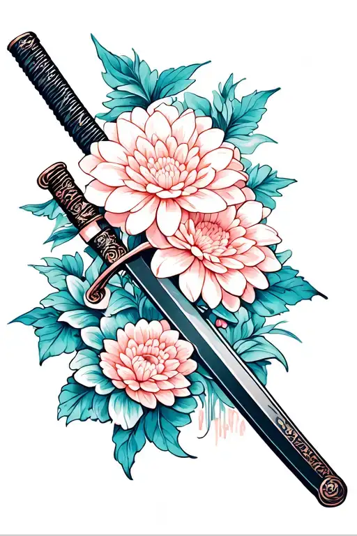 Katana And Chrysanthemum Flowers
