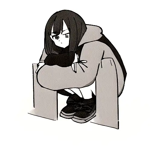 A Girl Squatting Down In A Black Hoodie And Black Pants