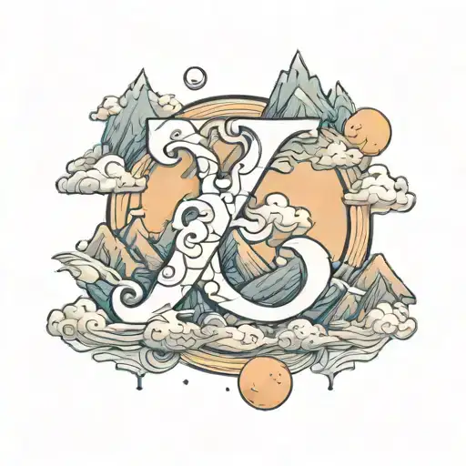 Letter J Overlapping Letter S With Mountains And Moon And Patters